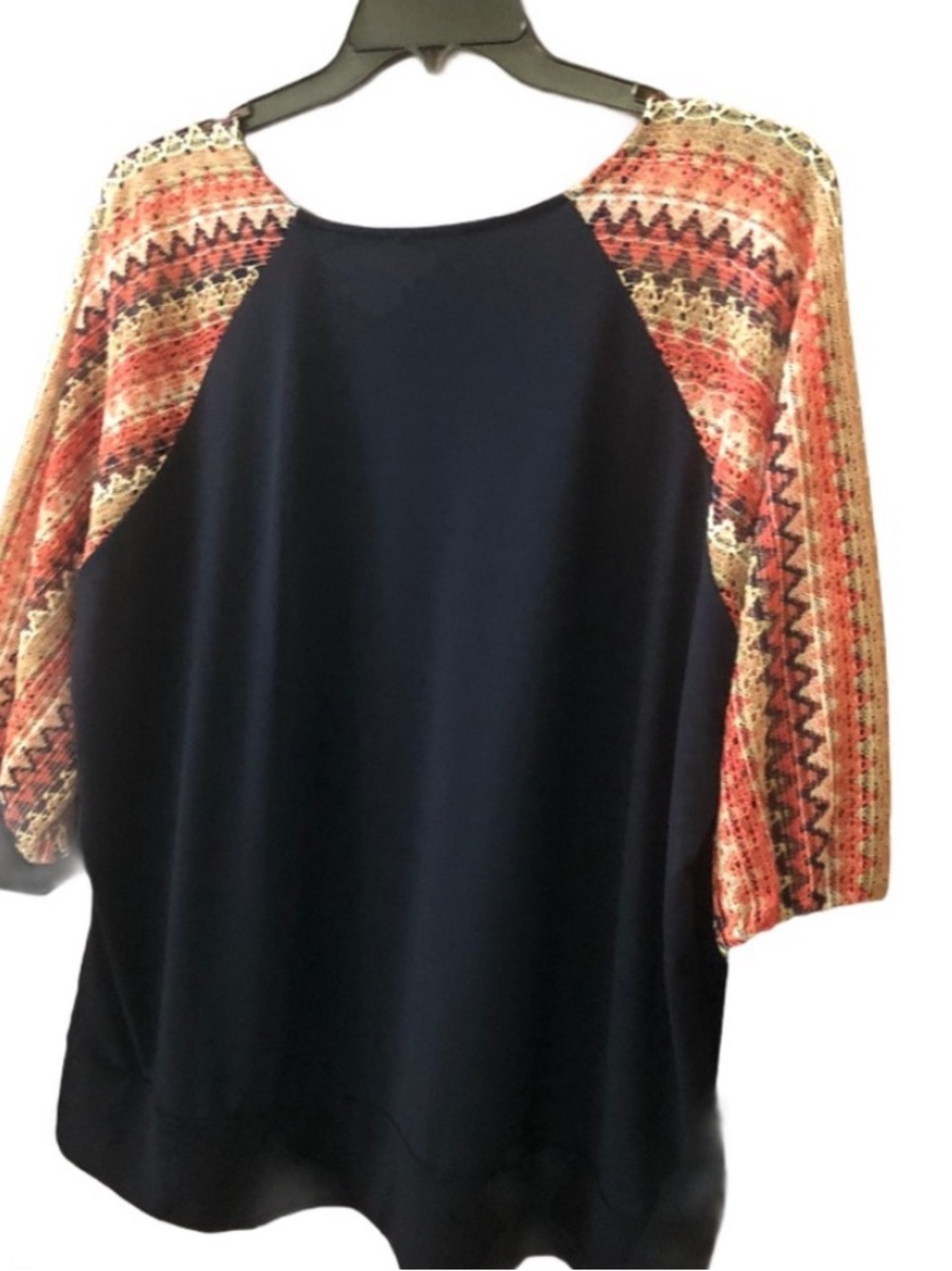 Melissa Paige Navy Sunset Sleeve Chevron Crochet Raglan, 1X